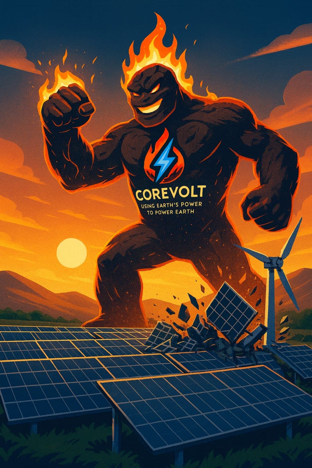CoreVolt magma giant with solar panels at sunset
